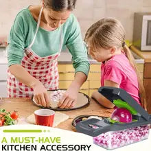 Family using the vegetable chopper in kitchen
